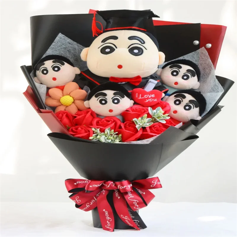 Kawaii Anime Crayon Shin-chan Cute Plush Doll Bouquet Doctor Hat Student Graduation Gift Girly Heart Decoration Birthday Gift