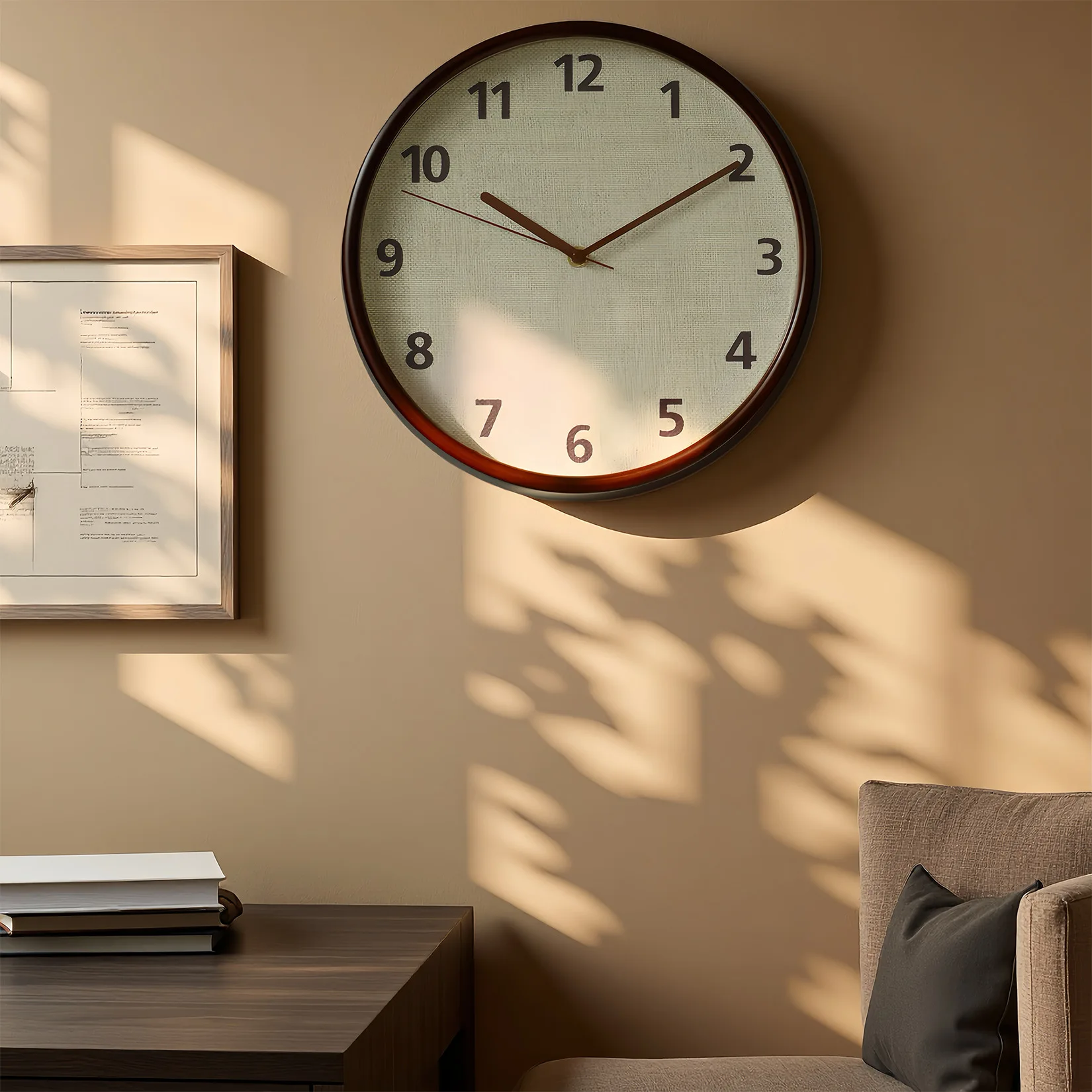 Nordic creative retro pure solid wood silent living room wall clock modern simple and fashionable linen flannel surface clock at