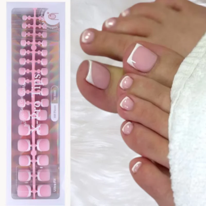 160pcs French Short Square Artificial Press On Toenails Pink Full Cover Acrylic Fake Toe Nail Tips Nail Supplies Tools For Women