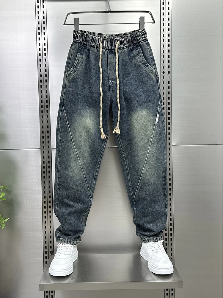 

Мужские джинсы Waed: модные, свободного кроя, в американском ретро-стиле, универсальные, с лоскутным дизайном, на резинке, с манжетами, в стиле «гарлен»