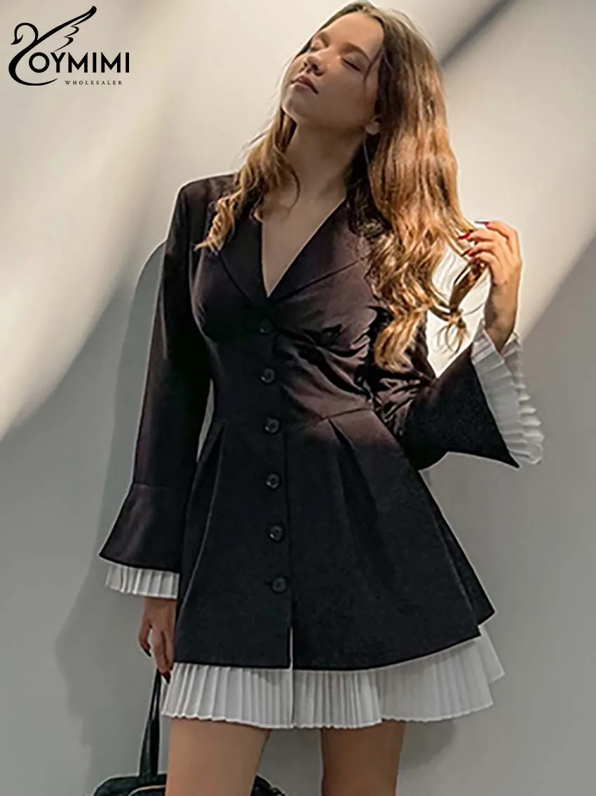 

Oymimi Elegant Black Lapel Women's Dress Fashion Long Sleeve Patchwork Dresses Casual Button Lace Mini Dresses Female Clothing