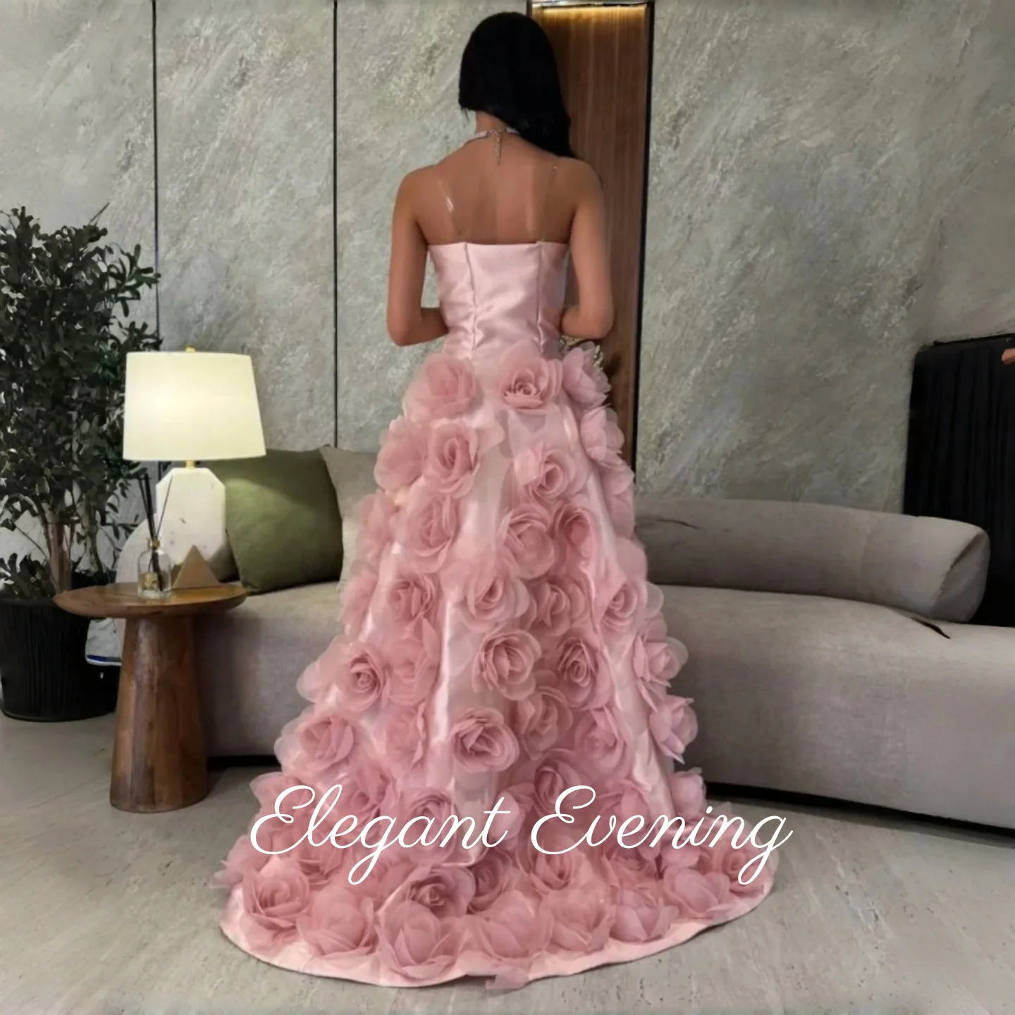 Elegant Strapless Evening Dress Pink 3D Flower Prom Dress Mermaid Ruffled Saudi Arabia Customized Formal Occasion Dresses 2025