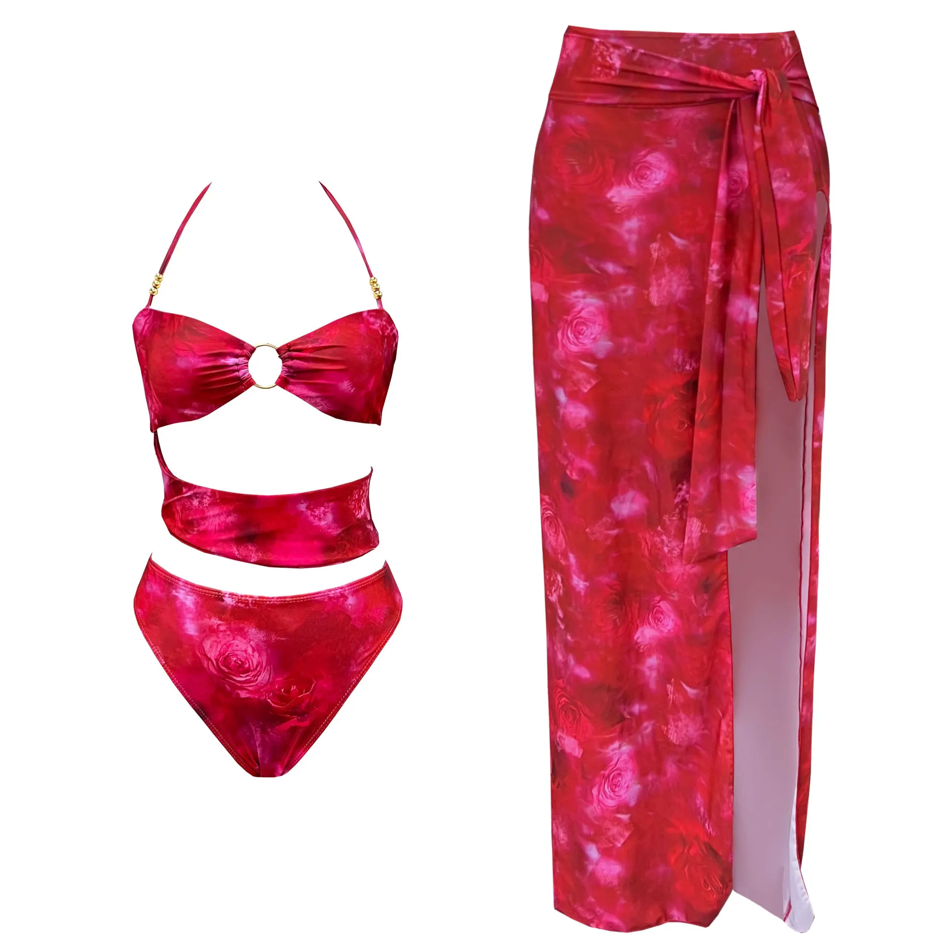 

2025 New Flower Print Sexy Bikini Set With Cover Up Swimsuit Women Swimwear Female Red Hollow Out Halter Bathing Suit Beachwear