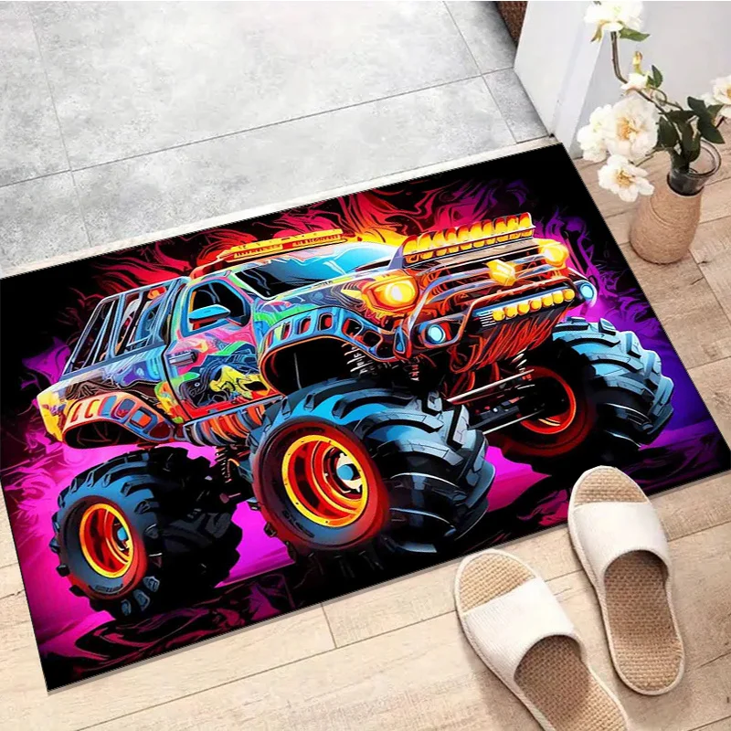 2D Flat Colorful Monster Truck Flame Flannel Area Rug Non Slip Off Road Carpet For Kids Room Game Room Decor