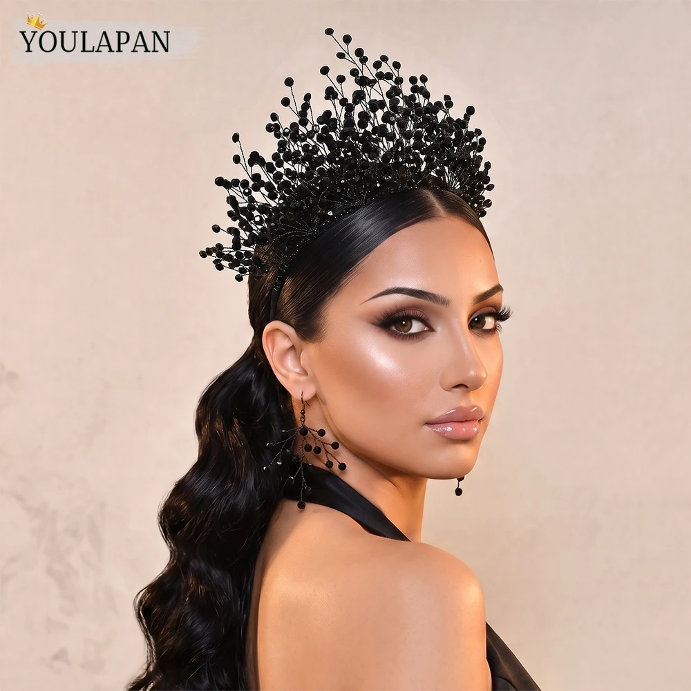 YouLaPan Fashion Full Rhinestone Bride Tiaras Black Color Wedding Crown Set Banquet Party Headpieces Hair Accessories A234