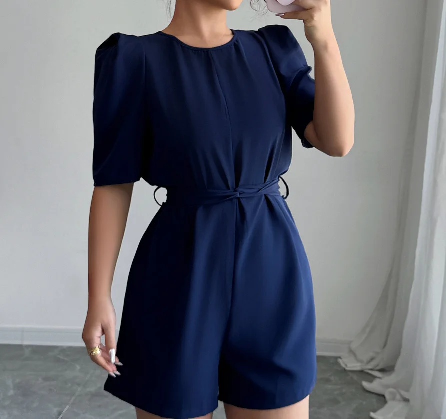 Jumpsuit Women 2026 Spring Summer New Bubble Sleeves Solid Color Round Neck Short Sleeve Casual Daily Jumpsuit