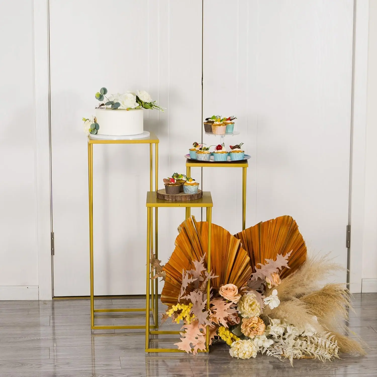 

VINCIGANT Gold Pedestal Stand for Party ,Set of 3 Metal Plant Stand Tall Cake Cylinder Pedestal Stand for Wedding Flower Vase