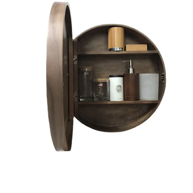 Round Bathroom Mirror Cabinet With Lamp Solid Wood Smart Mirror Case Anti-fog Storage Bathroom Makeup Wall Hanging Round Mirror