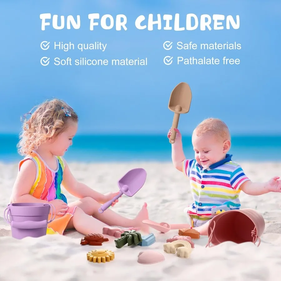 16 pçs brinquedos de praia de silicone viagem amigável conjunto de praia brinquedos coloridos incluem 3 baldes de silicone, 3 pás, 9 moldes de areia, 1 saco