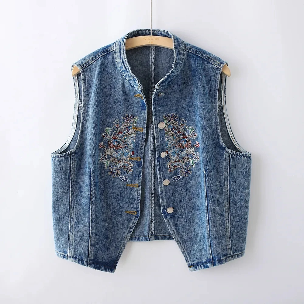 

New Chinese retro Denim Vest Jacket 2025 Spring Autumn New Loose Sleeveless Versatile Vest Women's Short Cowboy Waistcoat top