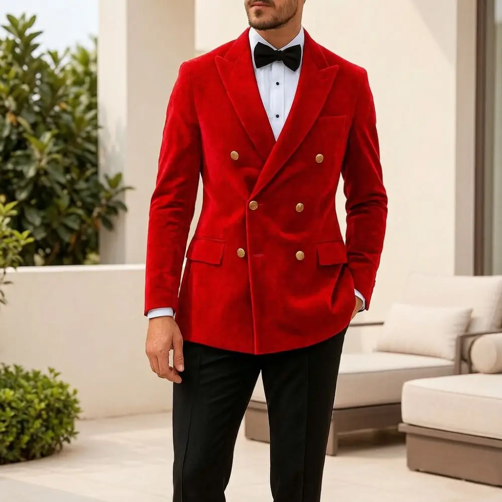 Velvet Suits for Men Double Breasted Slim Fit 2 Pieces Groom Tuxedo Mix Match Gold Buttons Flap Pockets Elegant Custom Wedding