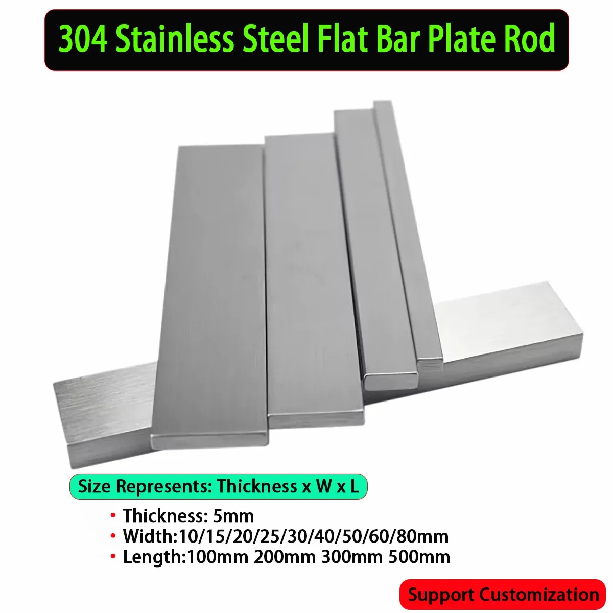 304 Stainless Steel Flat Bar/ Plate Rod Thickness 5mm Width 10/15/20/25/30/40/50/60/80mm Length 100mm 200mm 300mm 500mm