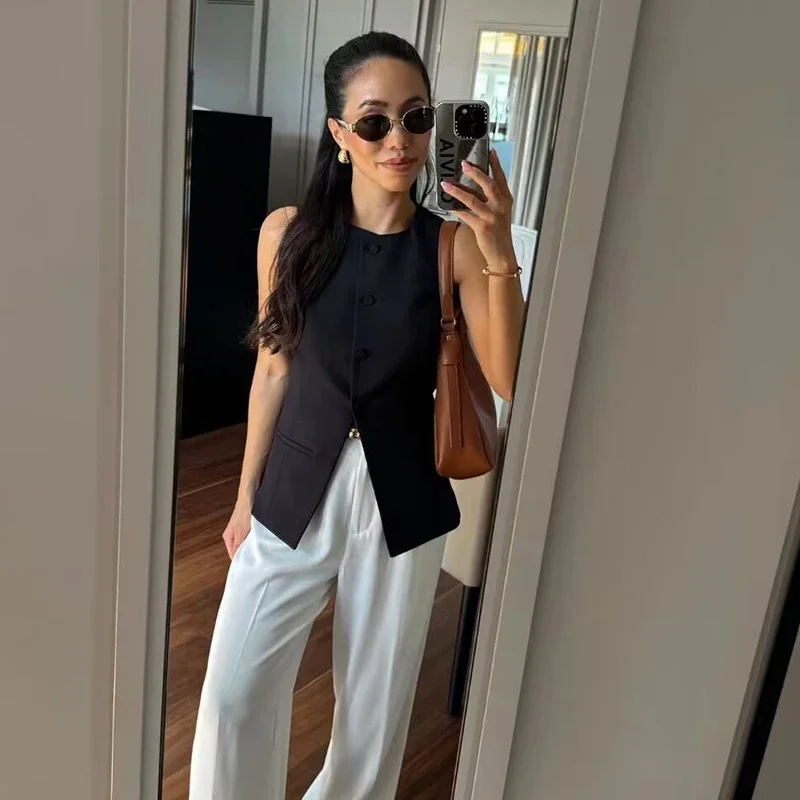 New Women's Sleeveless Vest Fashion Vintage Button Decoration Vests Women's Coats Female Outerwear Chic Tops