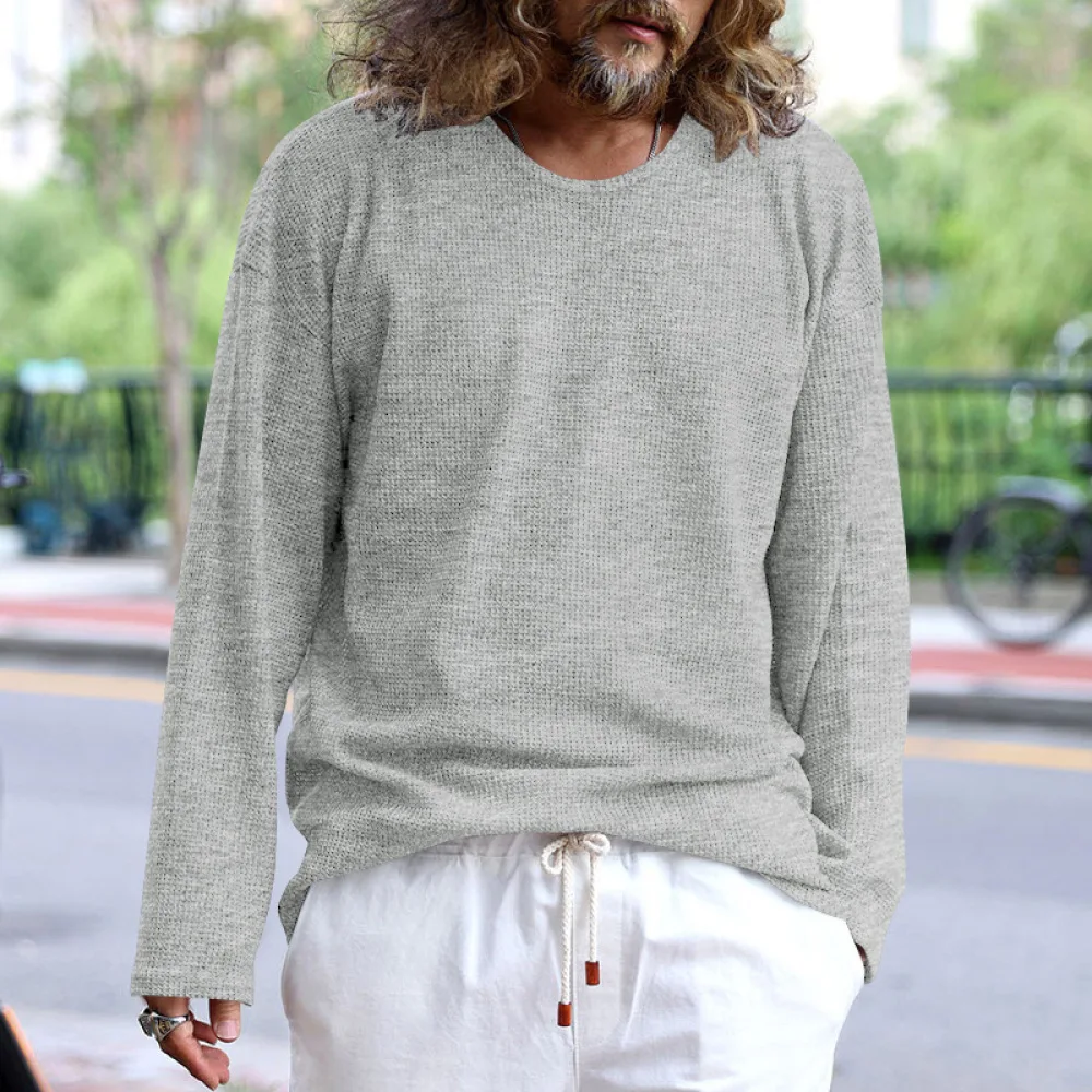 Mens Basic Waffle T Shirt Long Sleeve Round Neck Pullover Solid Color Casual Breathable Fabric Spring Autumn Urban Top