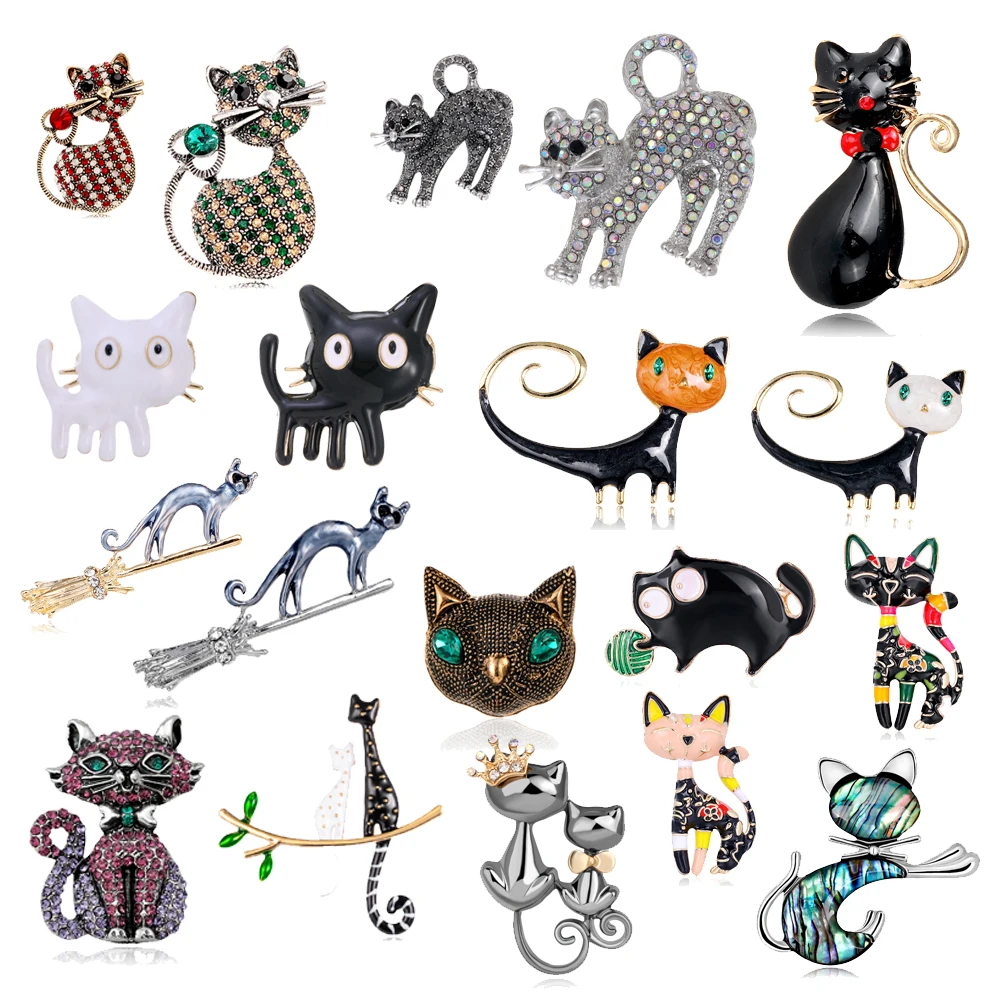 Cute shiny crystal cat brooch vintage creative animal kitten design pin men\'s and women\'s clothing badge corsage jewelry gifts