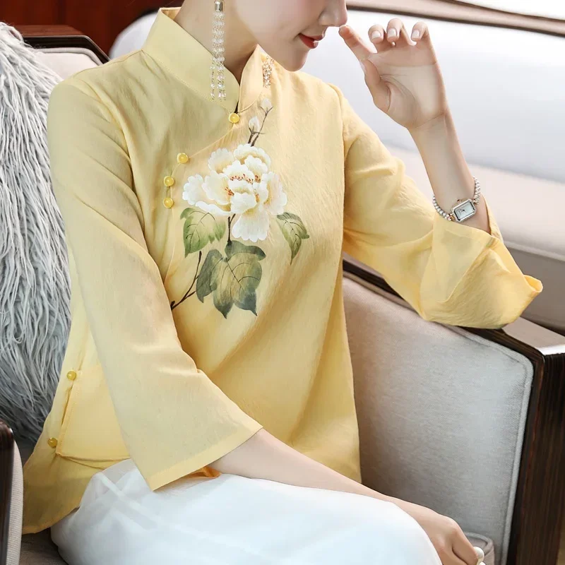 2024 Woman Traditional Chinese Clothing Top Retro Flower Print Hanfu Women Tops Elegant Oriental Tang Suit Blouse 10589 MN3