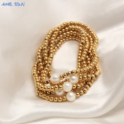 MHS.SUN Stainless Steel Gold Plated Elastic Bracelet Pearl Round Beads Bracelets For Women Waterproof Jewelry Party Gifts