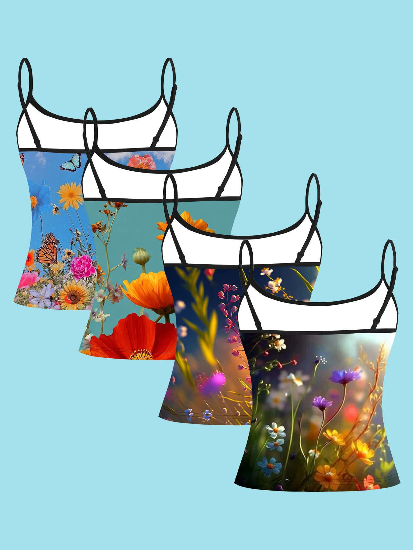 4-Piece Set of Realistic Floral Natural Flower Photography Print Camisole for Women, Featuring Blue Sky, Sunset, Wildflowers, and Butterflies with Natural Light Effects, Thin Straps, Waist-Cinching, Slim-Fit Base Top, Suitable for Cross-Border Vacation Casual Wear, Camisole