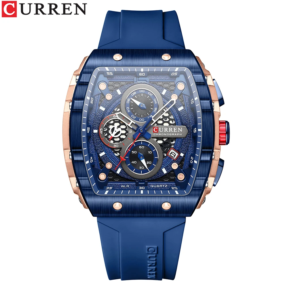 CURREN Sports Einzigartige rechteckige Uhren mit großem Zifferblatt, lässige Quarz-Silikonbänder, Armbanduhren mit automatischem Datum