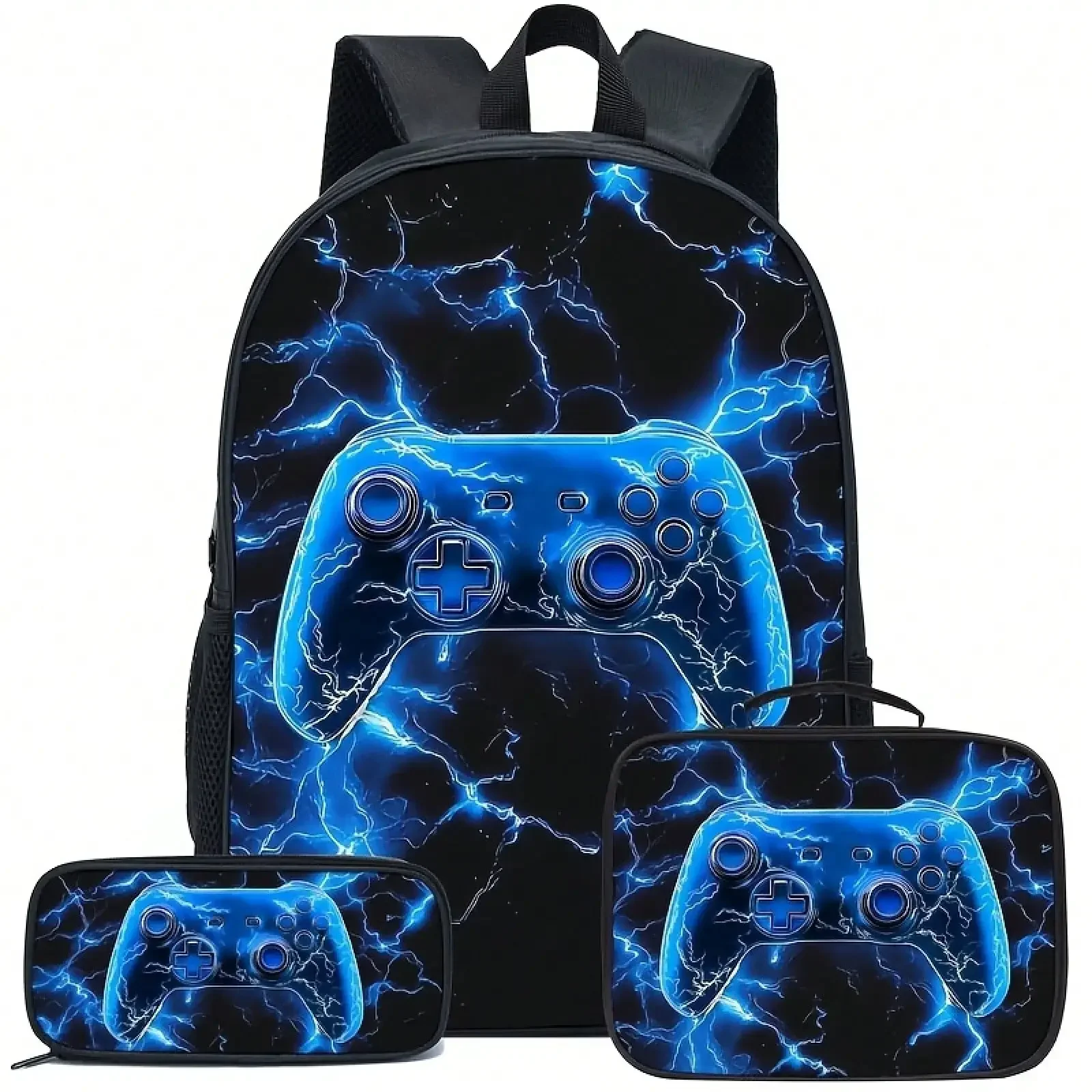 Cool Lightning-Themed Black Backpack Set, Featuring A Spacious Dual-Shoulder Bag.A Three-Piece Set For Boys, Including A Student Backpack., For Teenager, For Teenager