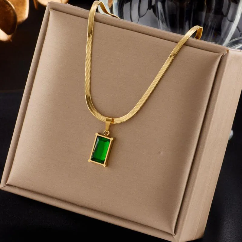 Stainless Steel Geometric Pendant Green Zircon Stone Necklaces Earrings For Women Vintage Wedding Choker Jewelry Set Gift