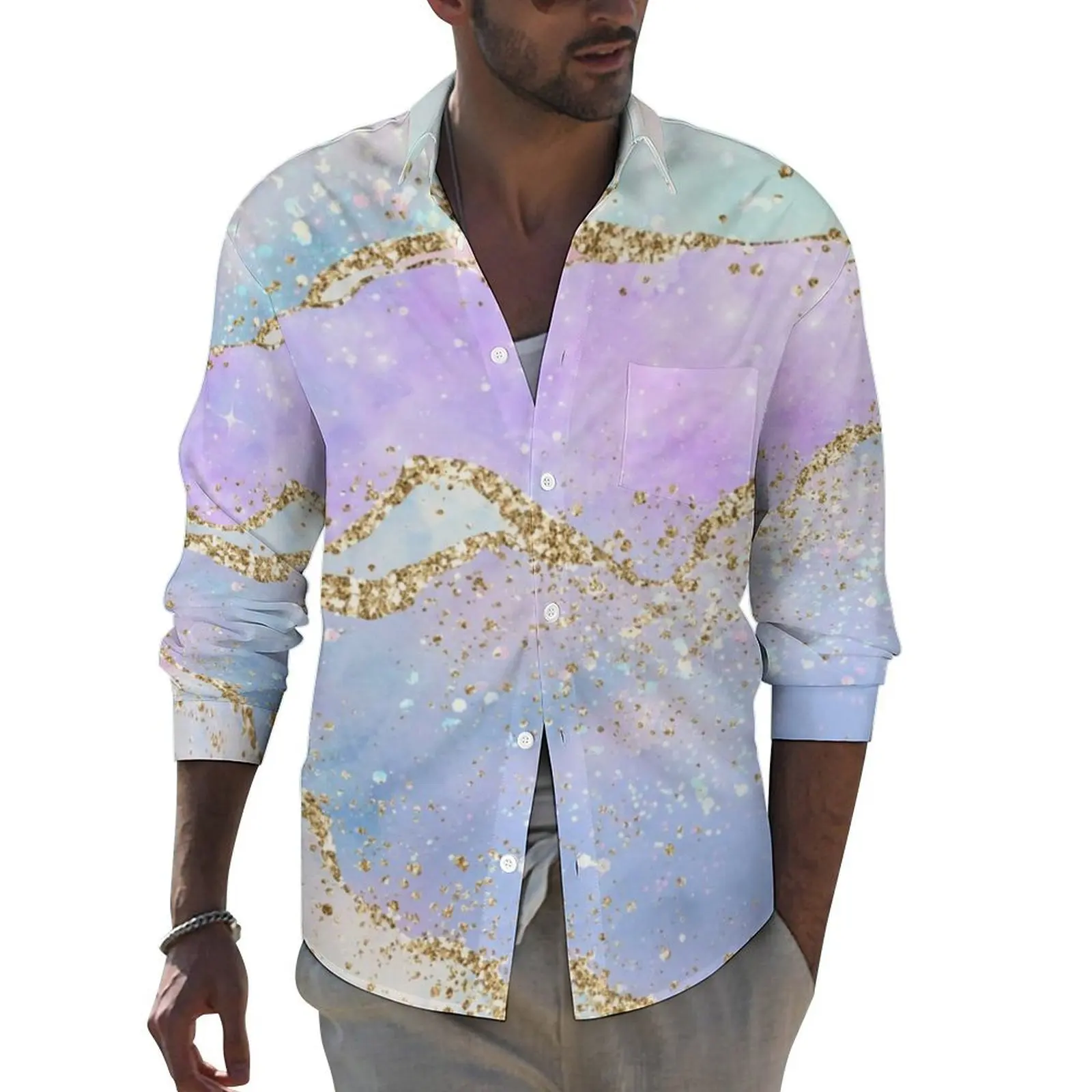 

Elegant Marble Shirt Men Glold Glitter Print Casual Shirts Spring Street Design Blouses Long Sleeve Loose Oversized Tops Present