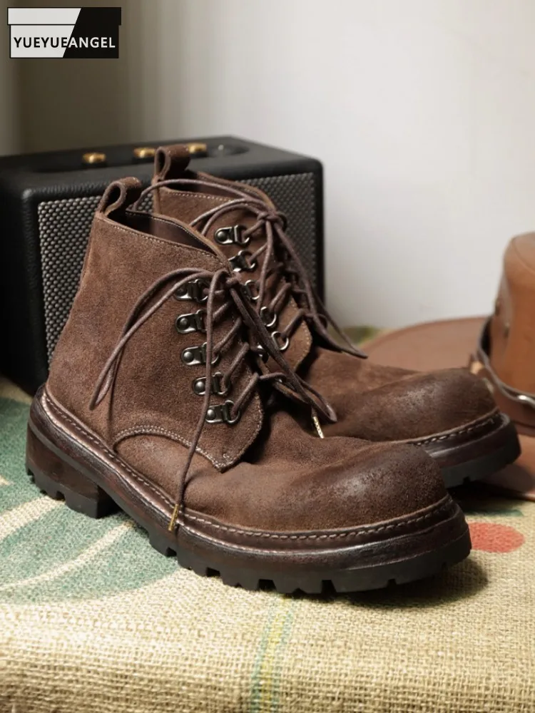 Spring Autumn New Men Comfortable Genuine Leather Mid Heel Ankle Boots Handmade Horsehide Round Toe Lace-Up Wear Resistant Shoes