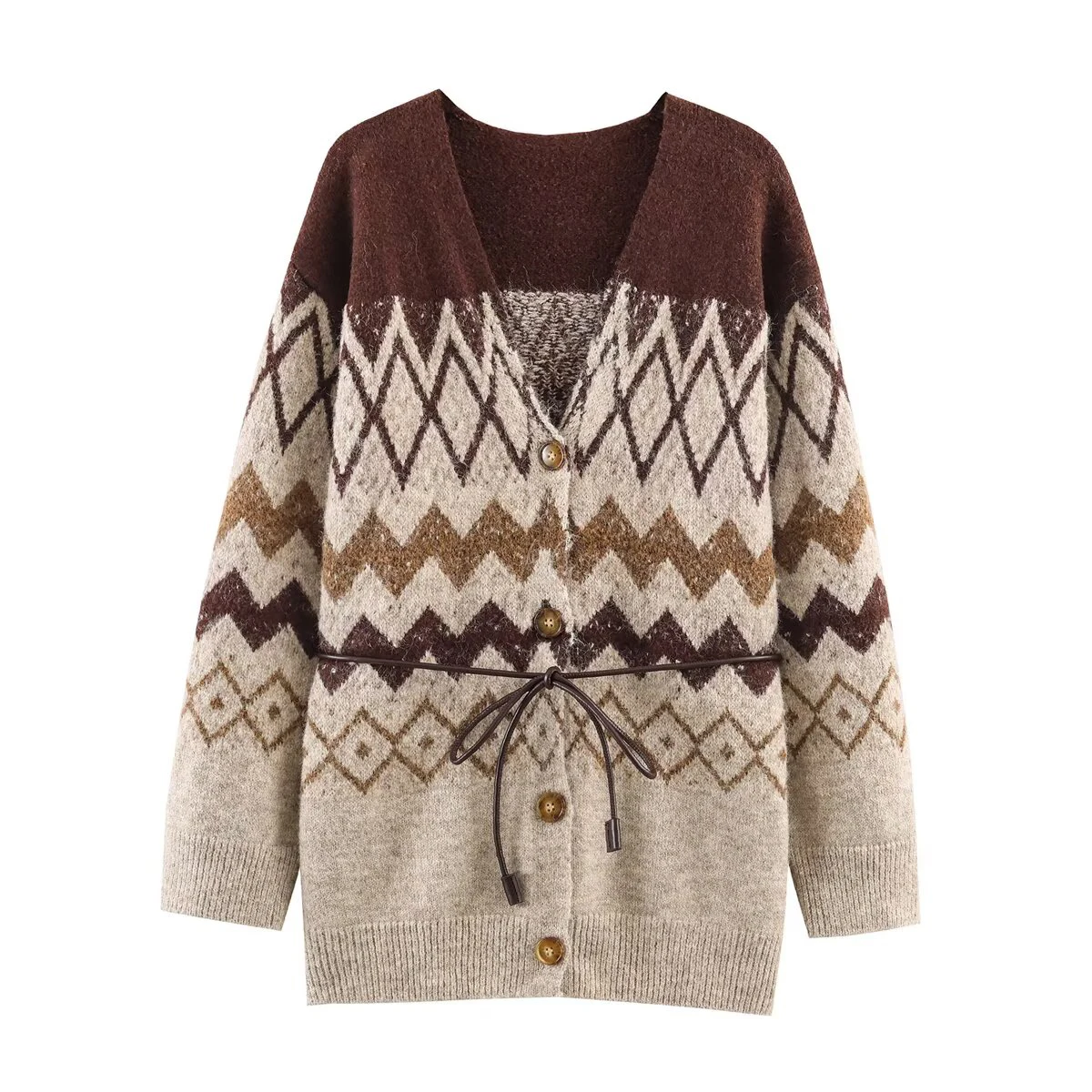 

Winter new women's clothing single row multi button V-neck long sleeved jacquard bead with belt knit jacket