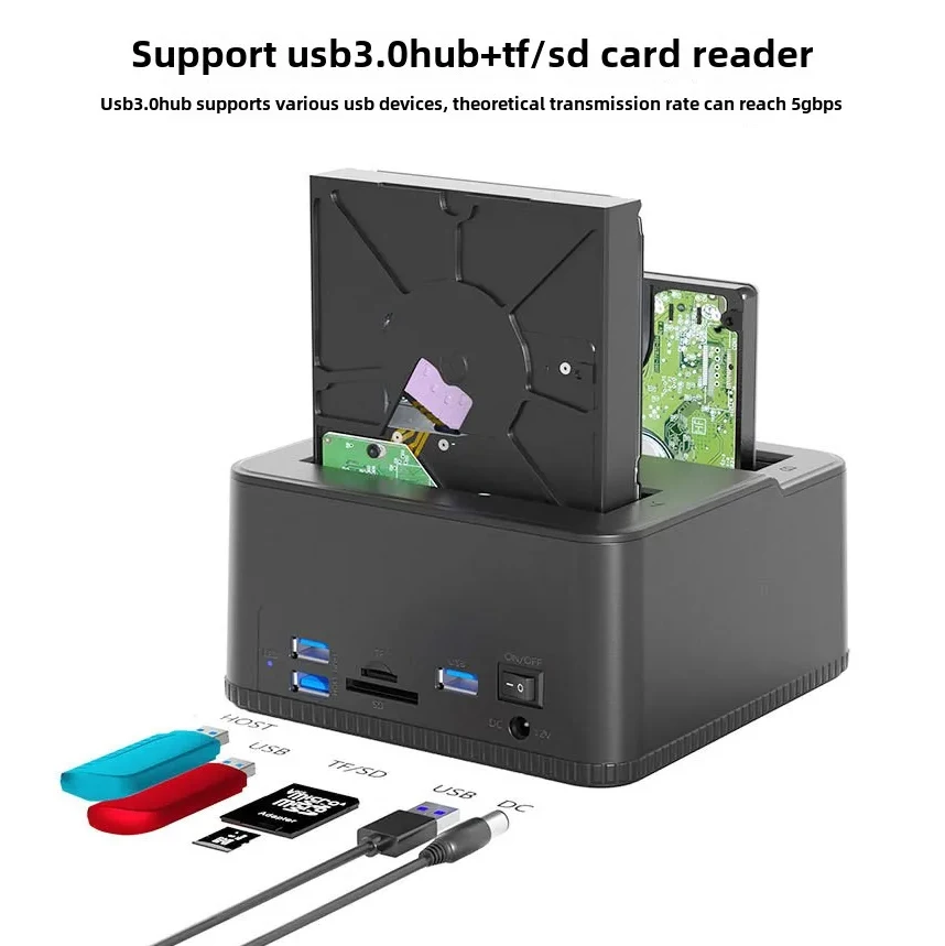 デュアルベイ ハードドライブステーション USB3.0 5Gbps Type-C HDDドッキングステーション 12V 3A電源アダプター付き 2.5/3.5インチ HDD/SSD TF SDカード対応