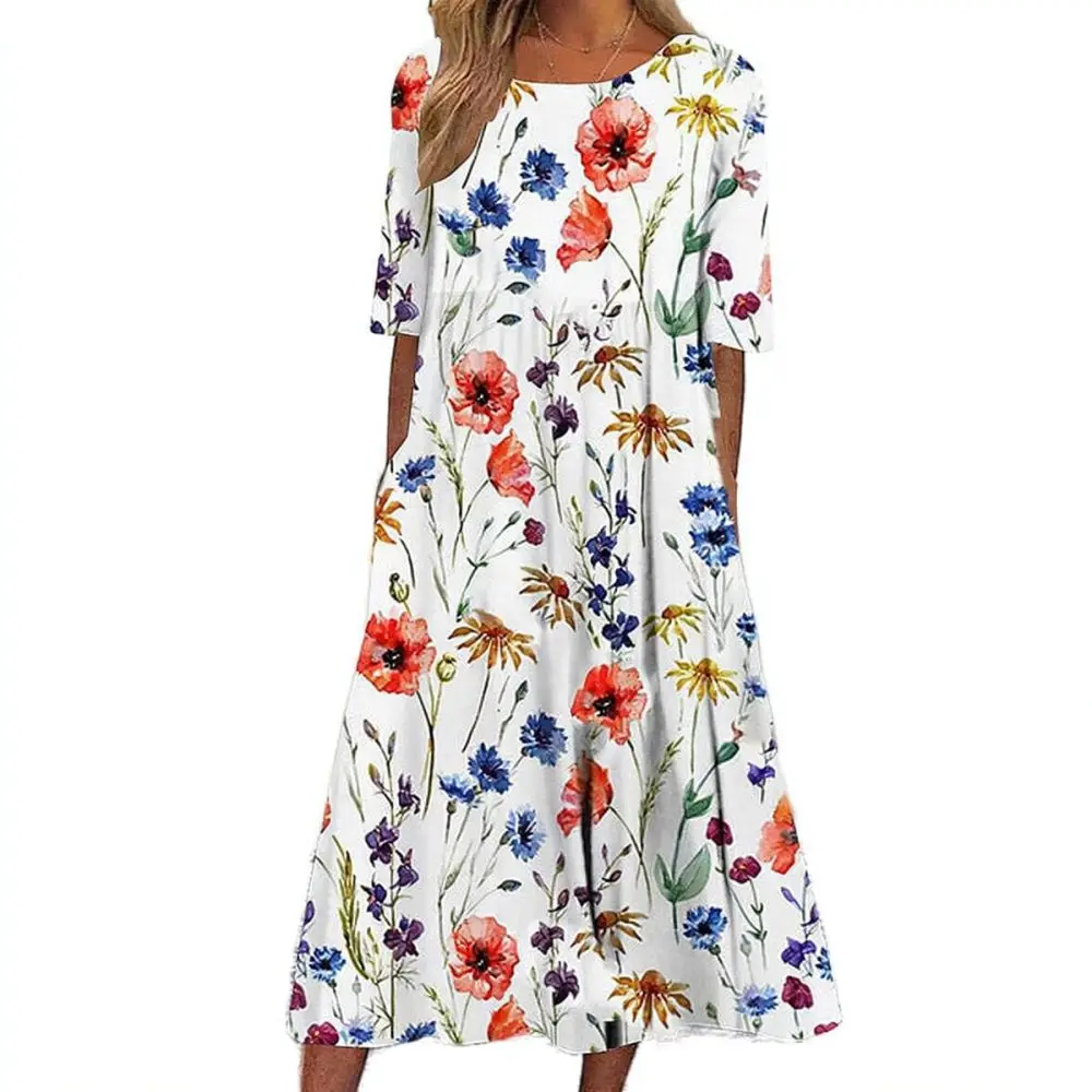 Summer Bohemian Maxi Dress Women Floral Print Casual Round Neck Short Sleeve Elegant Long Dresses Female Beach Holiday Wear