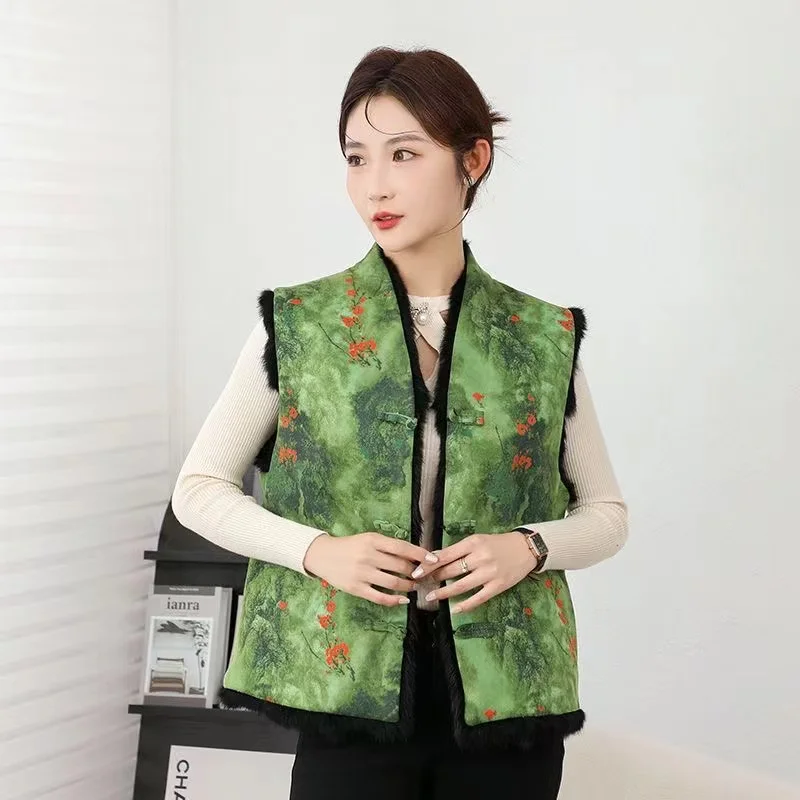 Neue chinesische Art Kaninchen fell Weste Frauen einteilige Pelz Double Wear Außen jacke Vintage Mode Herbst Winter ärmellosen Pelzmantel