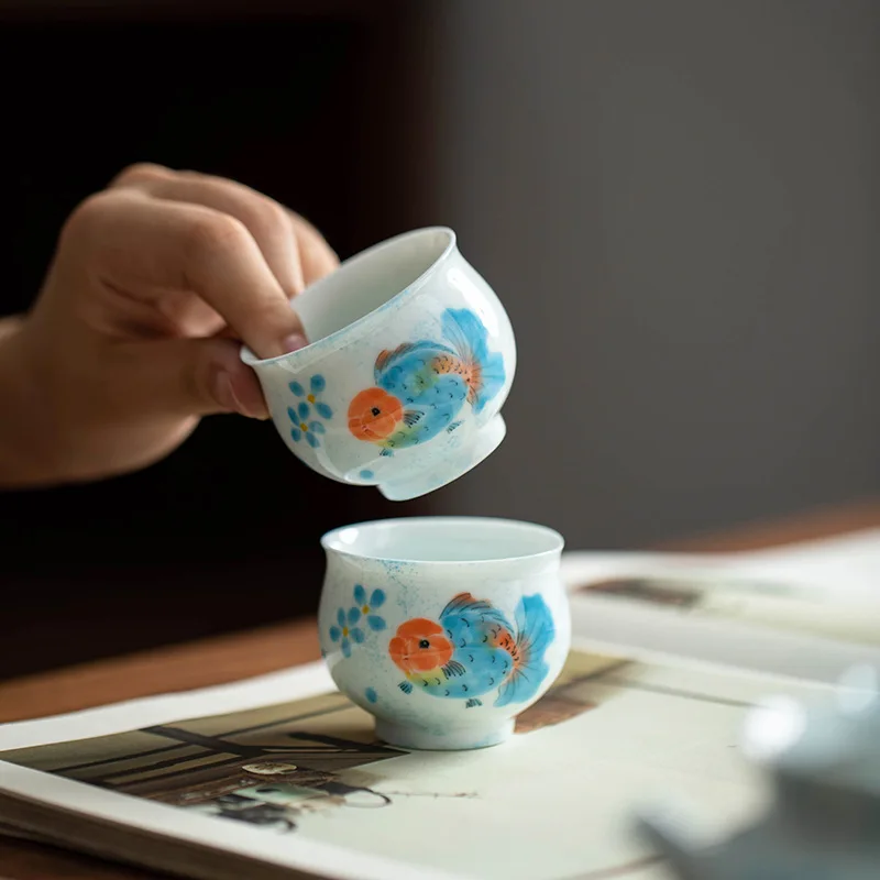 

Hand-Painted Koi Fish Fat Head Fish Ceramic Tea Bowl Household Teapot Single Pot Large Anti-Scald Kung Fu Tea Bowl High-End Tea