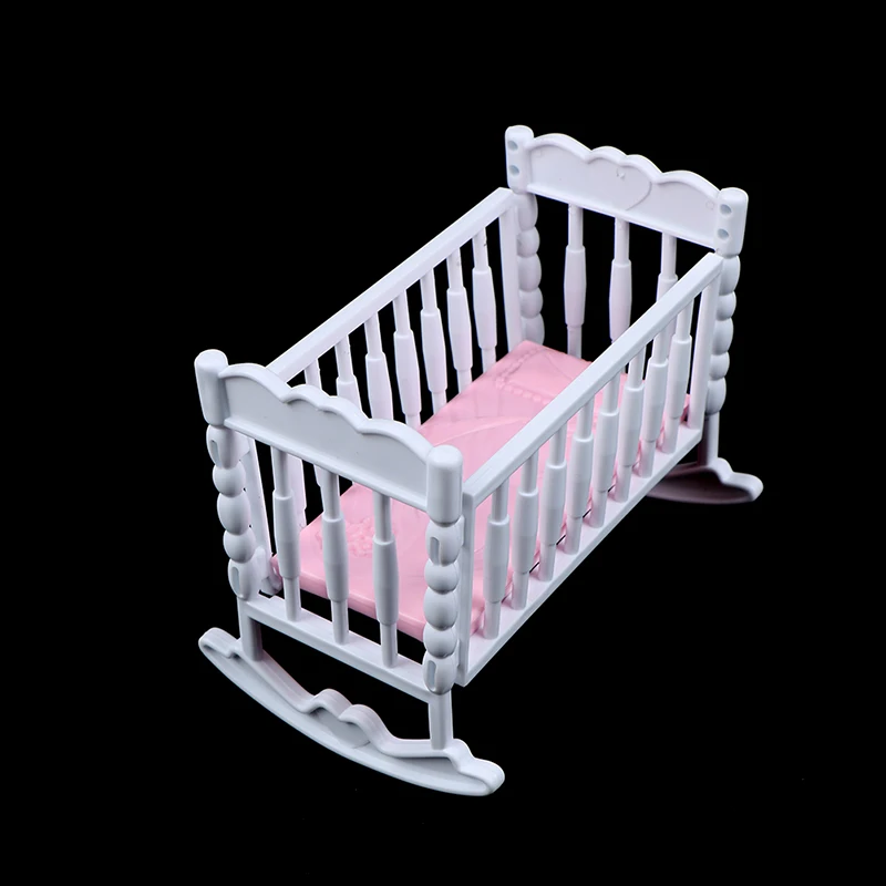 Light Pink Doll Crib Cradle, White Baby Shaker Bed, Doll House Toy Accessories