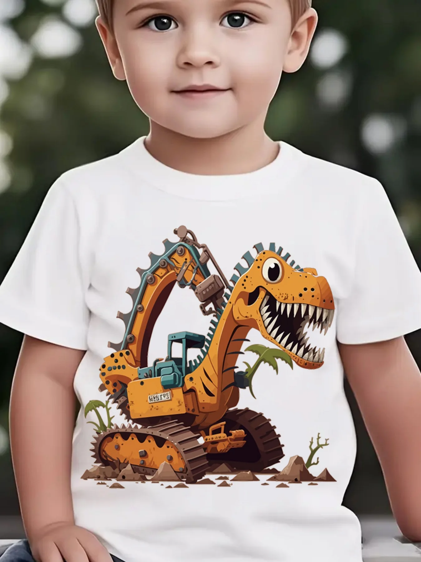 Summer Children's Fashionable Short Sleeved Dinosaur Excavator Element Printed Outdoor Casual Top, Parent-child Top