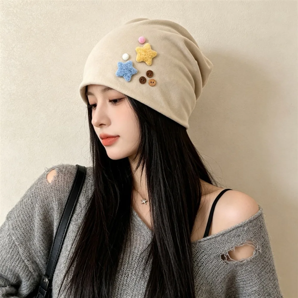 New Japanese Style Women's Beanie Star Detail Skull Cap Warm Windproof Slouchy Beanie Fall Winter Wear