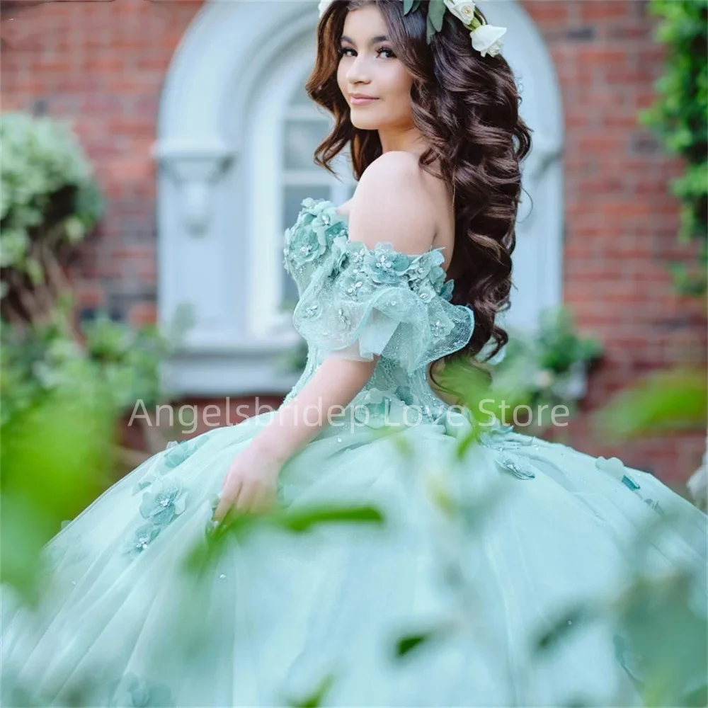 Angelsbridep ชุดไปงานเต้นรำไหล่สีเขียวมิ้นท์อายุ15ปีชุด Quinceanera 2025กับ3D ดอกไม้เจ้าหญิง vestidos de Fiesta