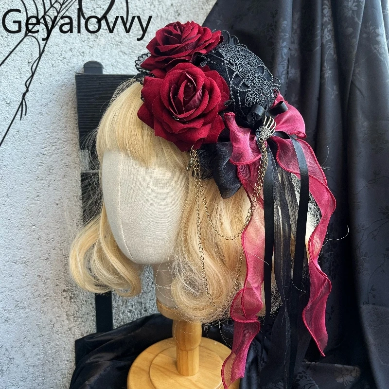 

Original Lolita Black Top Hat Hair Accessories Japanese Style Versatile Sweet Girl Lace Goth Accessories Flower Hairpin