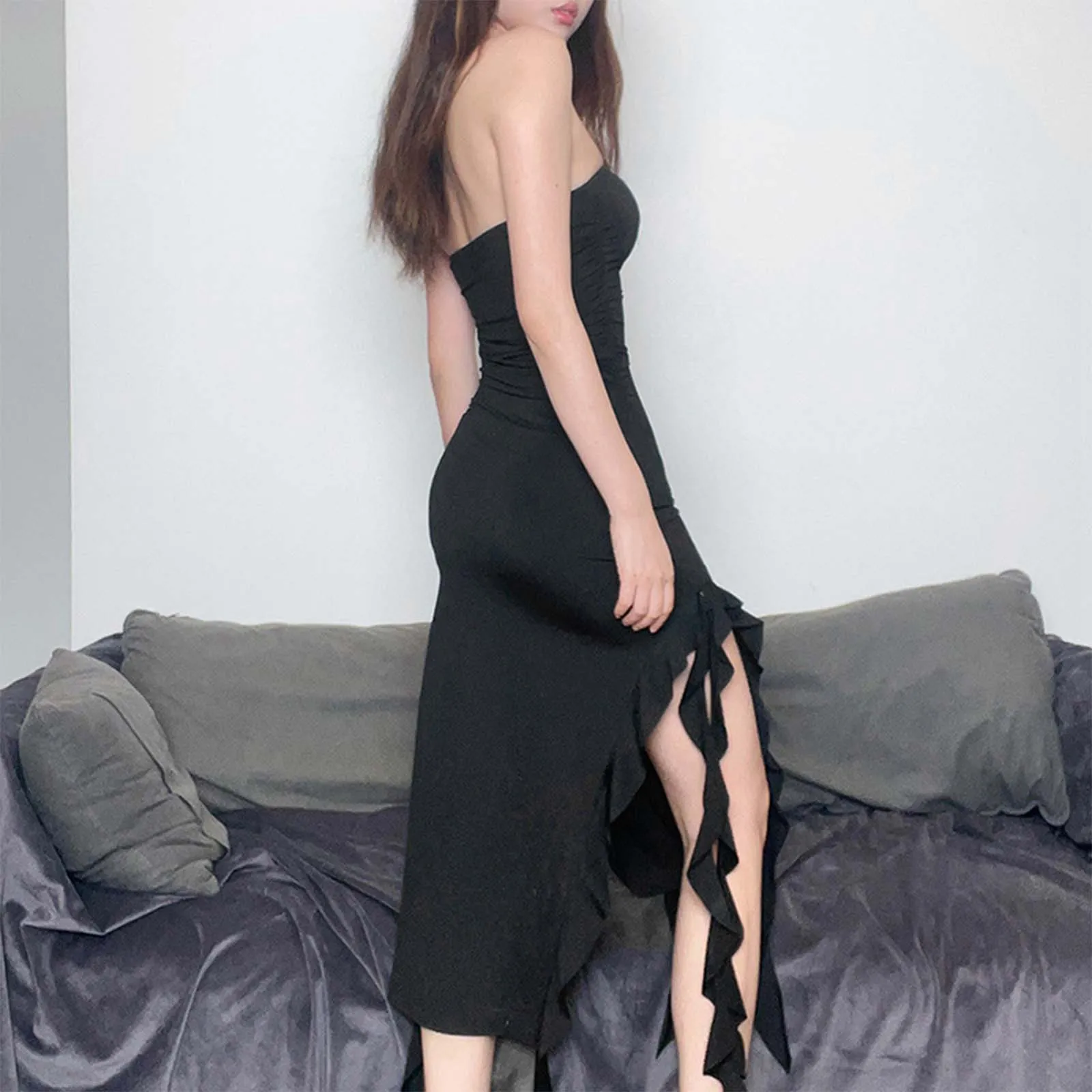 Sexy träger loses schulter freies Midi kleid Frauen rüschen geteiltes Strand kleid 2024 sexy Slim Fit Party weibliches Vestido