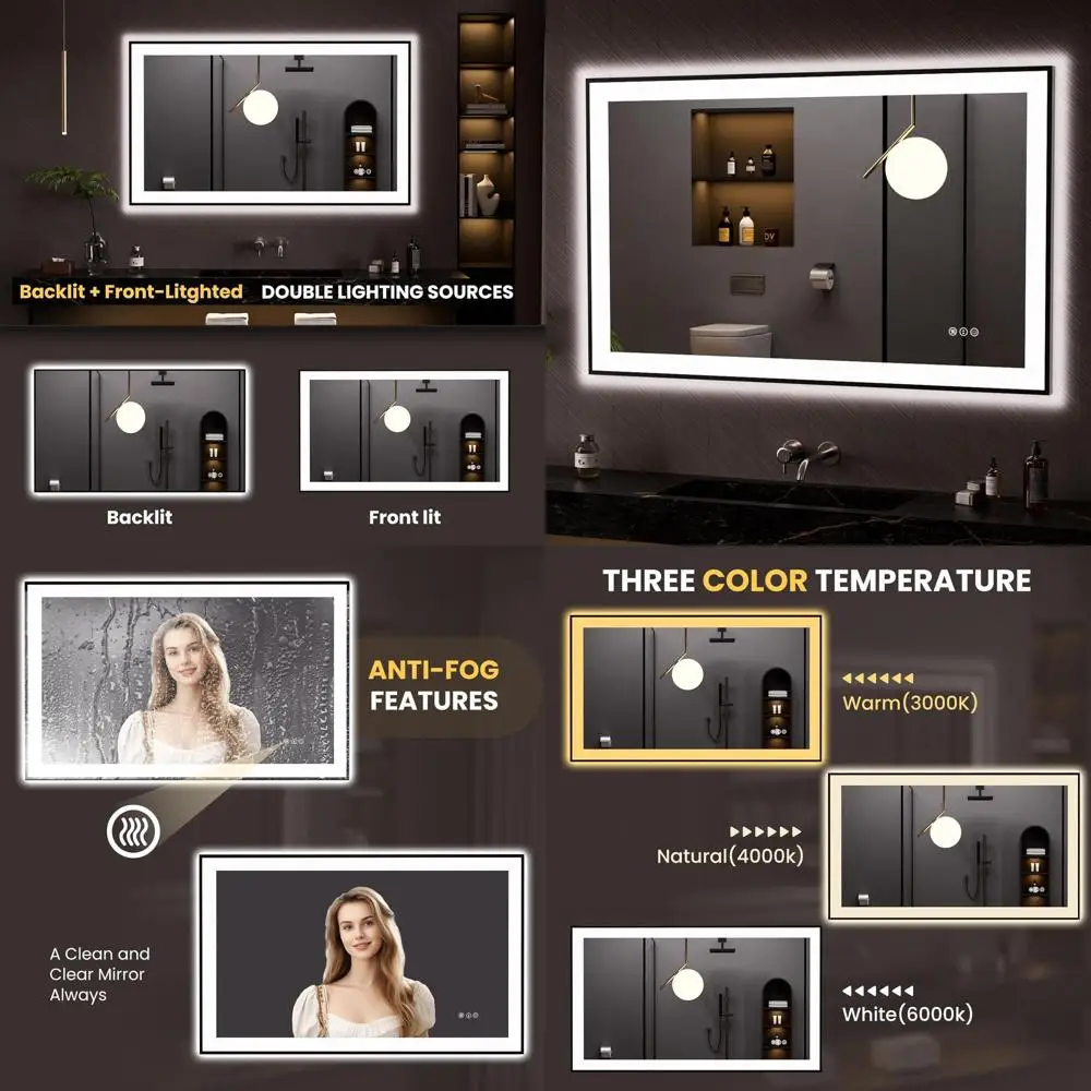 

Зеркало для ванной с LED-подсветкой, регулируемой яркостью, функцией антизапотевания, памятью настроек и закаленным стеклом, настенное