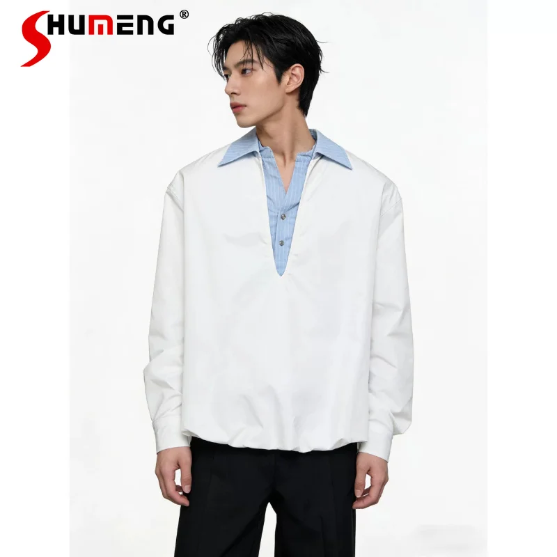 

Men's 2026 Summer New Loose Comfort Thin Shirts Fashion Light Luxury Color Matching Shirts Faux Two Pieces Splicing Striped Tops