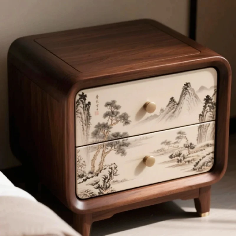 Black walnut zen bedside table retro print painted storage side cabinet