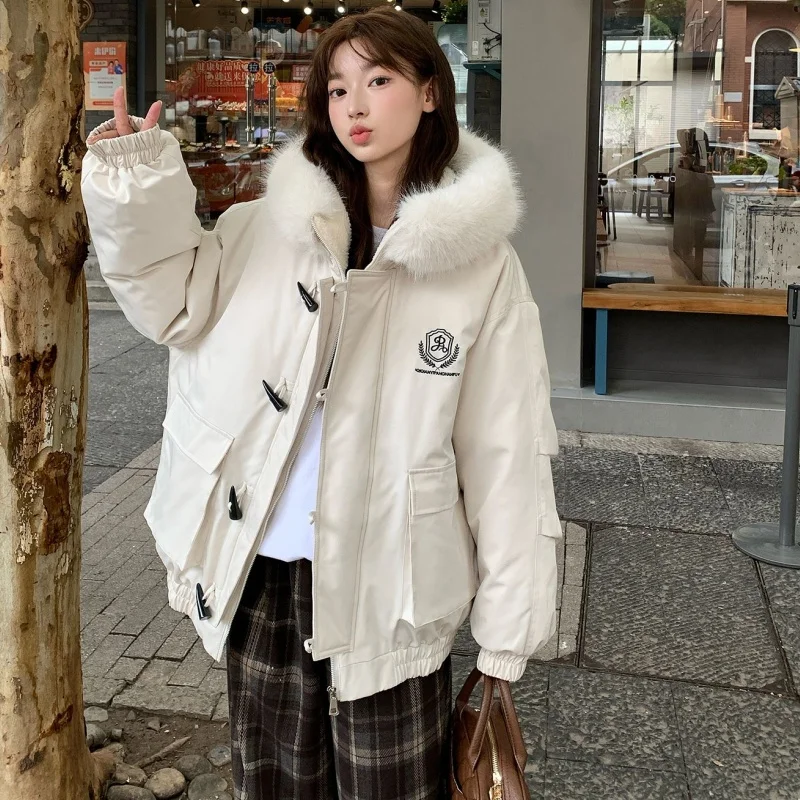 Women Korean Sweet White Hooded Cotton Coat Women Horn Toggle Button Padded Jacket Warm Short Casual Winter Padded Jacket