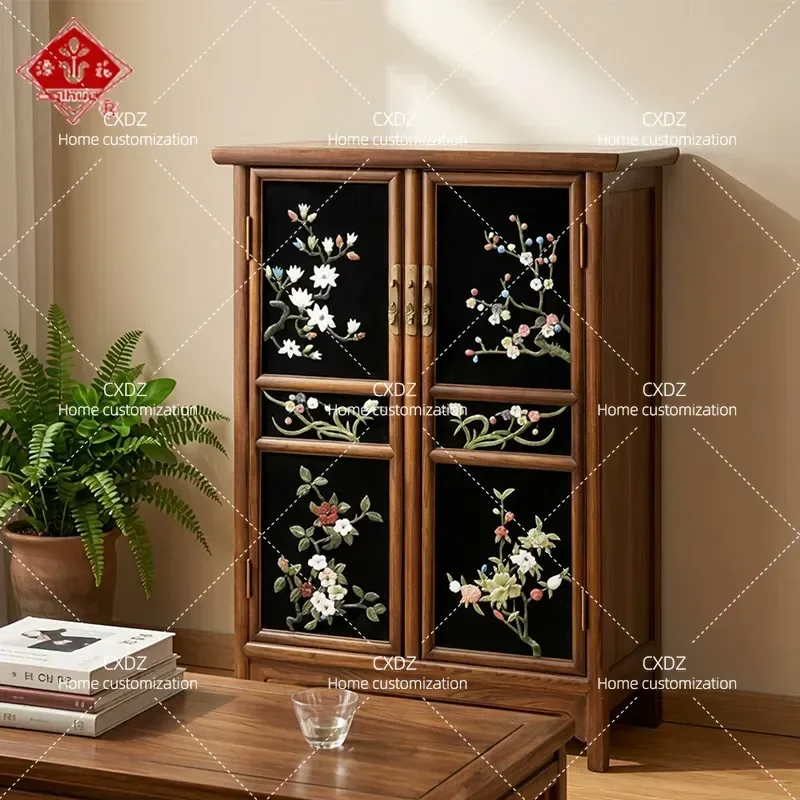 Chinese Elm Wood Double Door Cabinet with Jade Inlaid Orchid Pattern Black Edge Storage Locker for Living Room Bedroom Multi