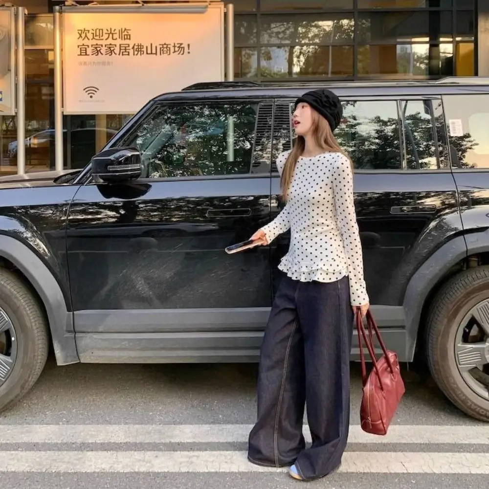 2025 Ruffle Trim เสื้อยืดแขนยาวหวานบางเสื้อ Polka Dot Vero Moda