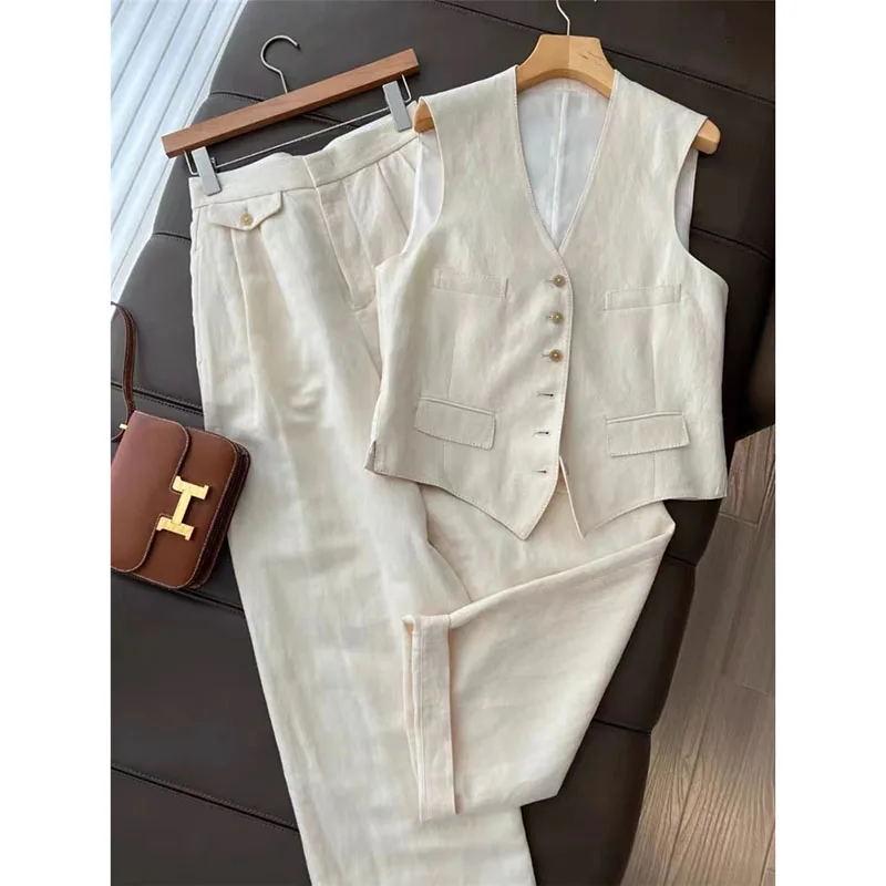 Summer Cotton Linen Women's Set V-neck Sleeveless Vest Wide Legs Full Pants Suit Solid Office Lady Two Piece Sets