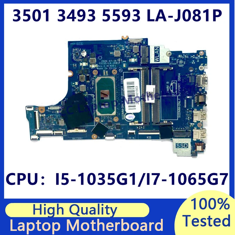 CN-0G9RW0 CN-01VFDK CN-01J5TX CN-047MF0 CN-0G8NCD For DELL 3501 3493 5593 Laptop Motherboard With I5/I7 CPU LA-J081P 100% Tested