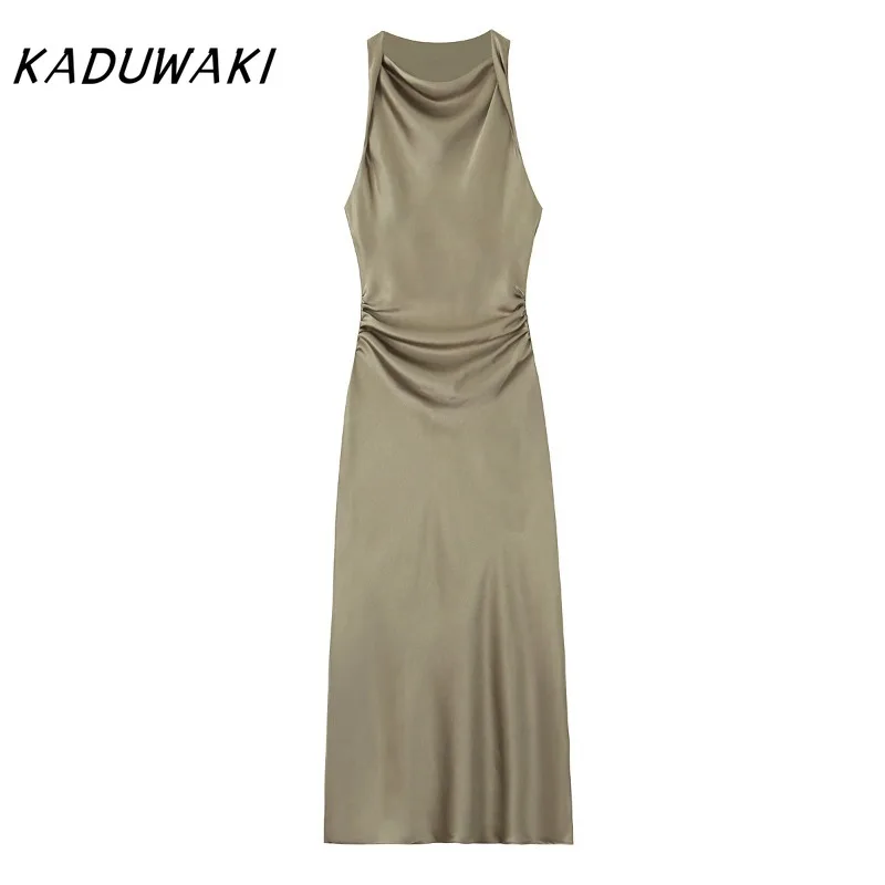 KADUWAKI French Vintage wisząca szyja bez rękawów satynowe sukienki moda Ins tekstura Slim Maxi koktajl Vestidos De Tricô Femenino