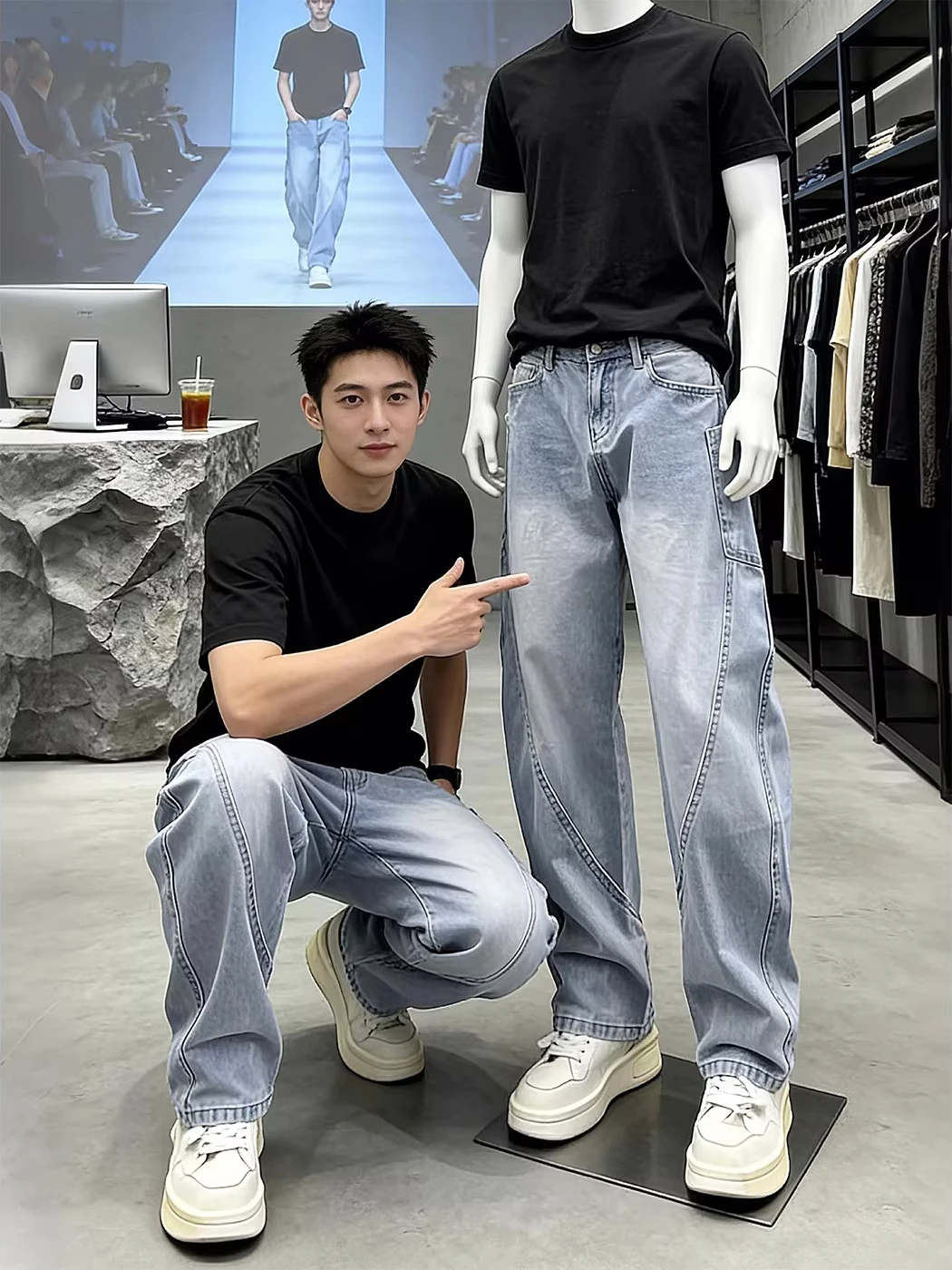 Summer New Men's Casual Loose Straight Leg Jeans Pocket Design Wide Leg Pants American Style Slimming Knife Denim