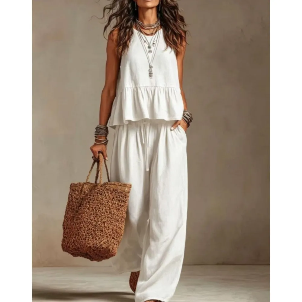 New Casual Sleeveless Women T-shirt Trousers 2piece Set Fashion Ruffled Large Swing Elegant Female Office Wide-leg Trousers Suit - view 2