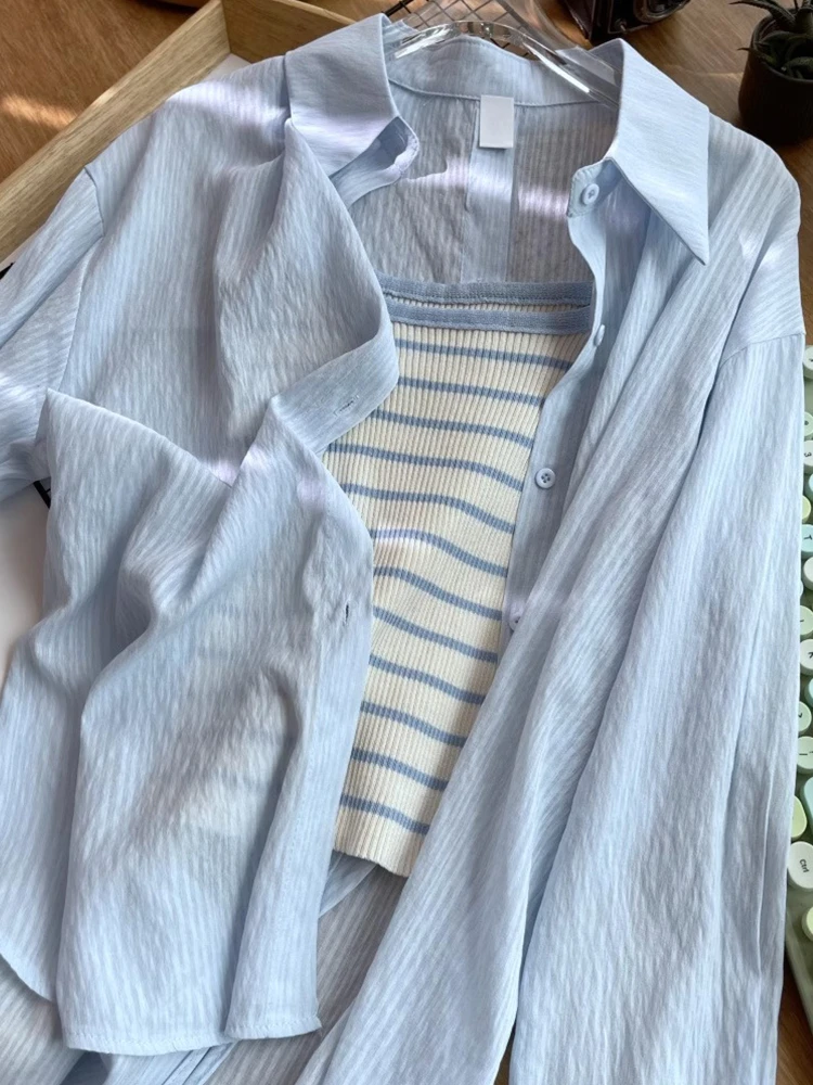 

Long Sve Open Cardigan Set with Sling Thin Sun Protection Outerwear Women's Loose irt Jaet Spring Autumn New Sle